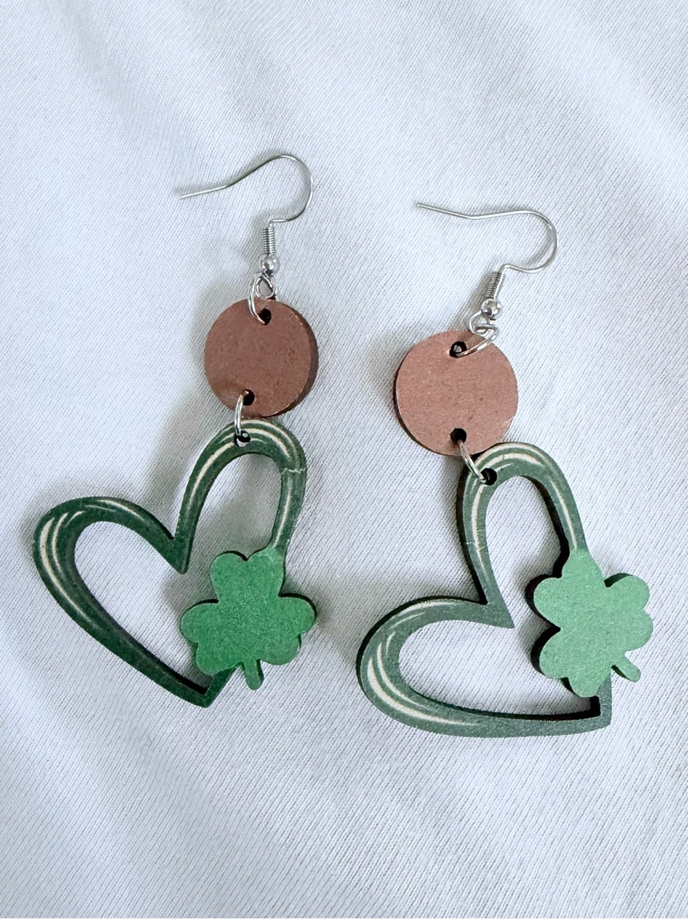 Green Heart & Clover Dangle Earrings
